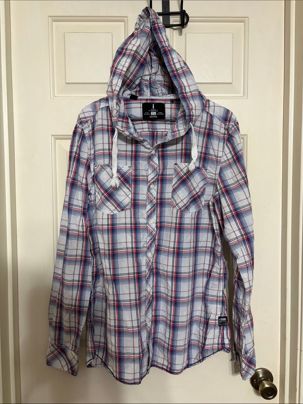 Buffalo David Bitton Hooded Plaid Shirt Jacket - White, Blue, Red